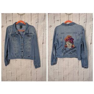 Faded Glory Women's Blue Denim Button Front Jeans Jacket Size M Skull Embroidery